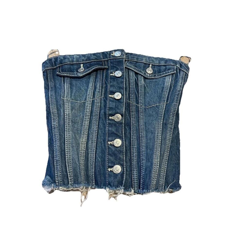 Zara Denim Corset Bustier Top – Button-Up, Raw Hem, Size S H73